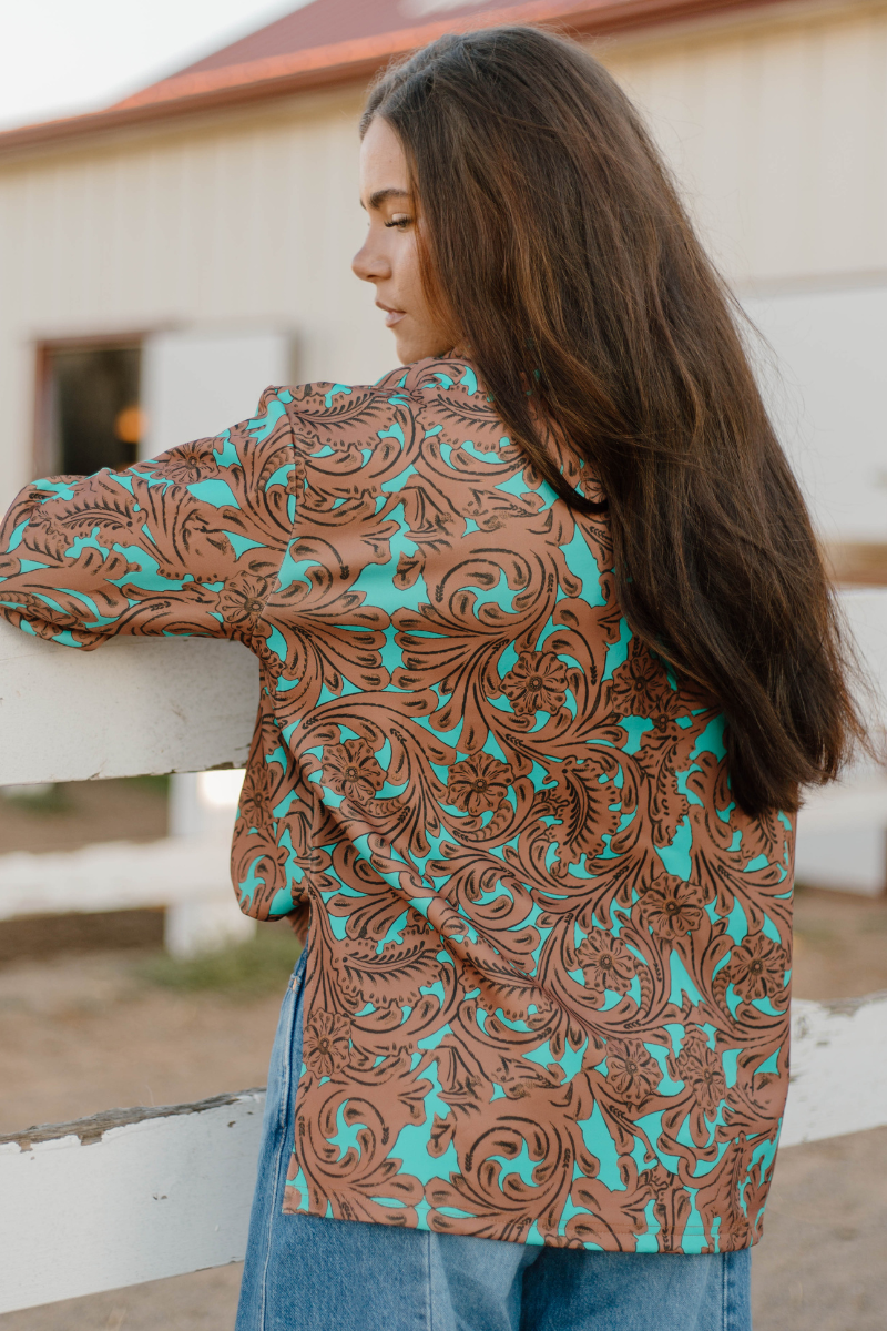 Turquoise Tooled Mock-Neck, Boyfriend Fit Top