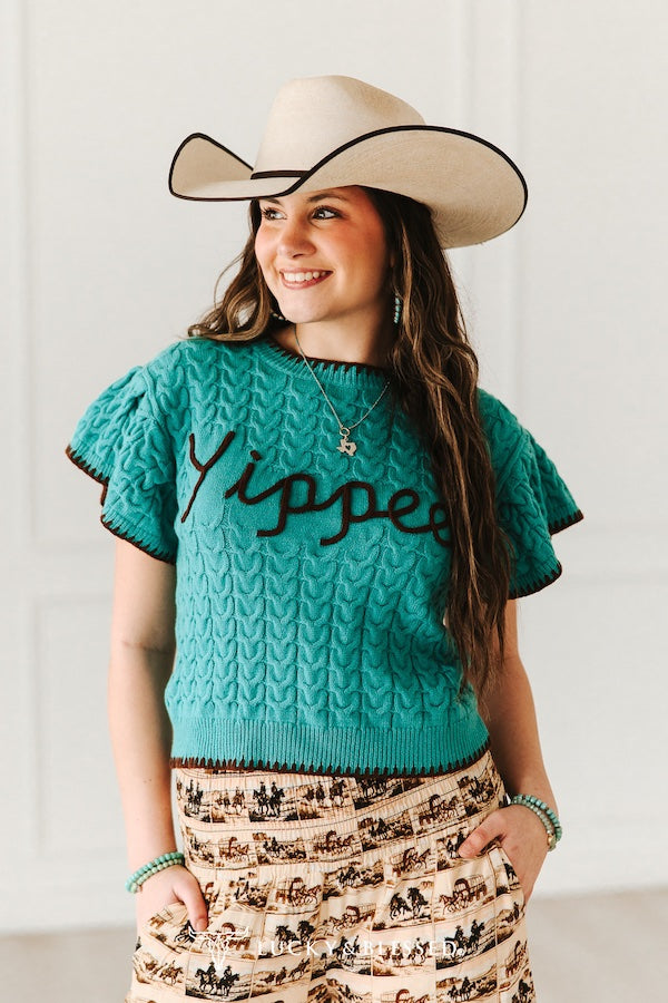 Jade Knit Stitched Ruffle Short Sleeve Sweater Top