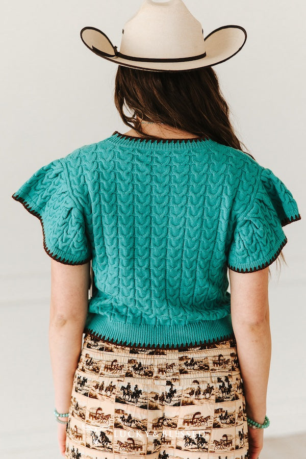 Jade Knit Stitched Ruffle Short Sleeve Sweater Top