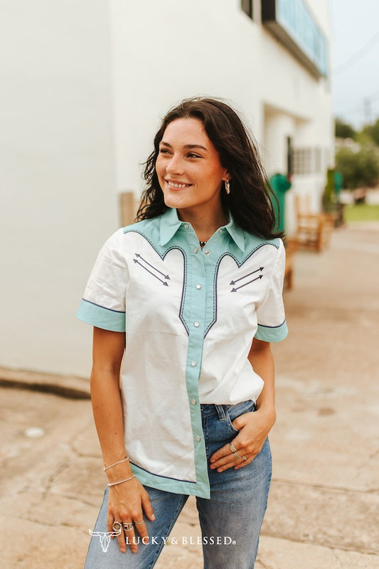 White W Blue design Cowgirl Pearl Snap Button Up Shirt Short Sleeve