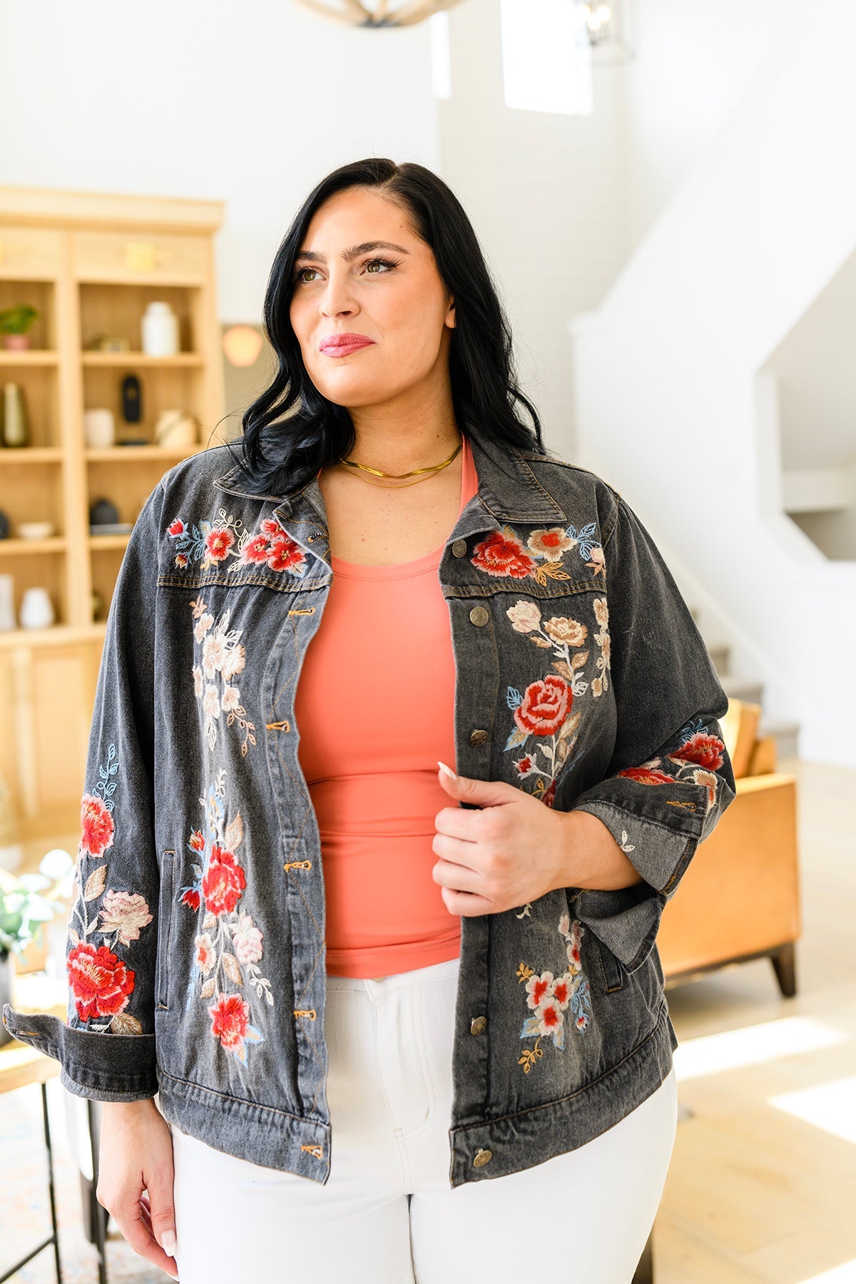 Black floral denim outlet jacket