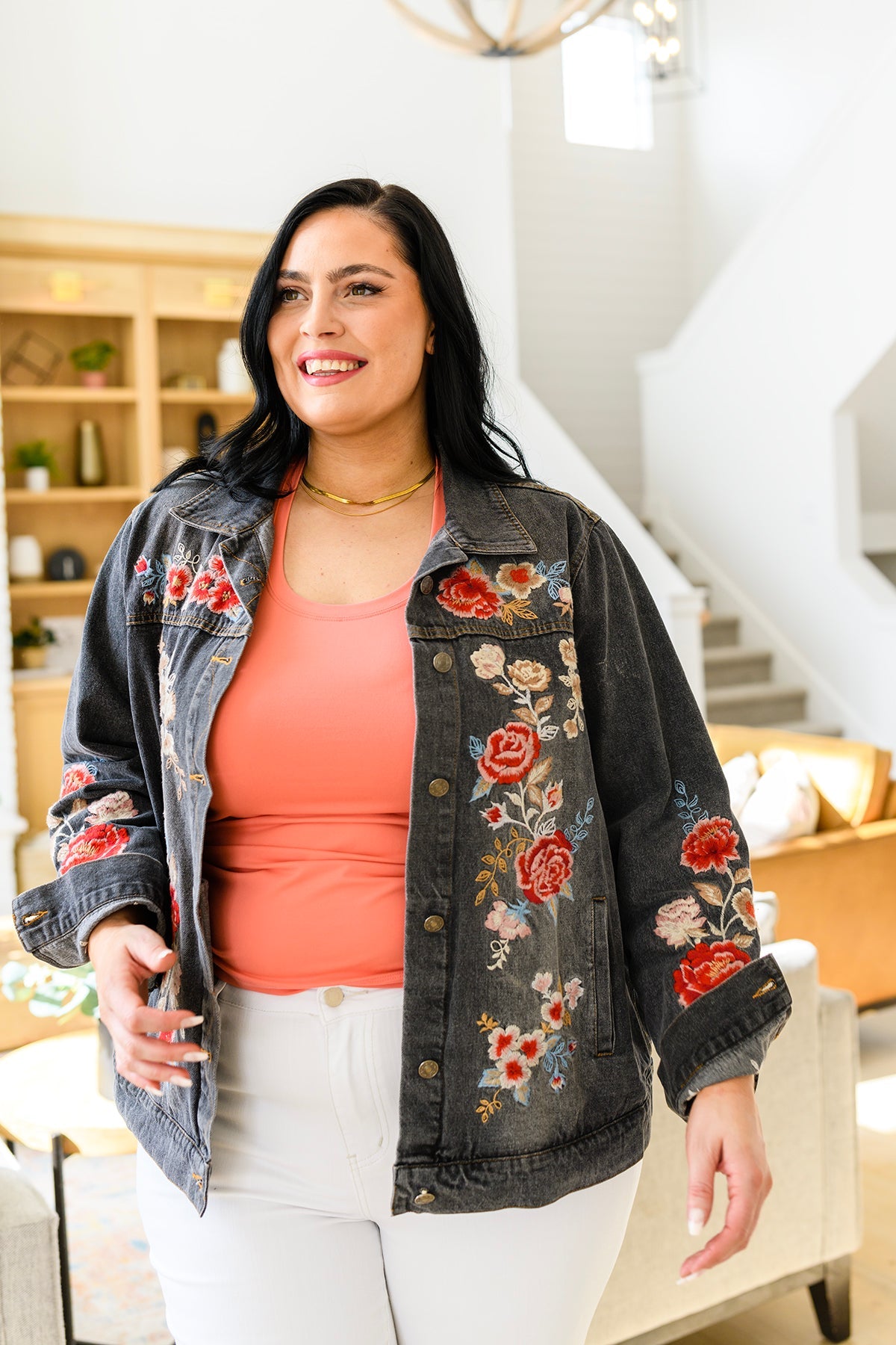 Plus size embroidered denim jacket sale